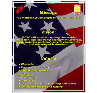 The Army JROTC's mission and vision statements and values.