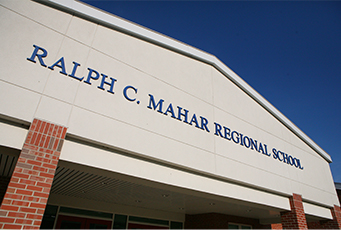 View of the front of the school building from outside